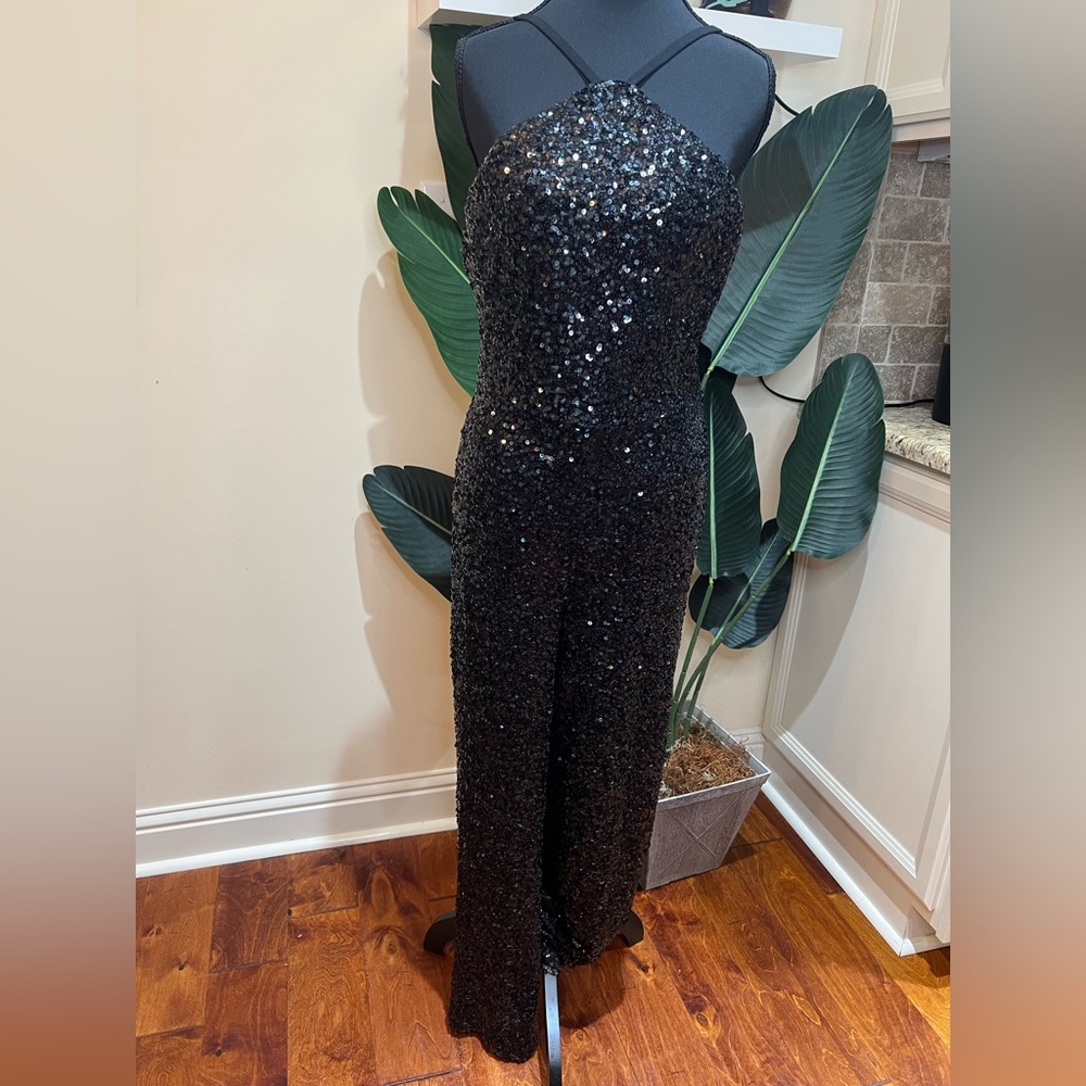 Dress the Population Darian Sequins Halter Black Jumpsuit Medium - Picture 2 of 9